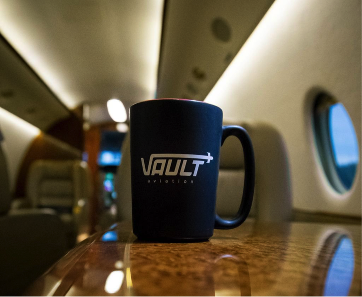 Vault Aviation Coffee Mug on a Private Jet 